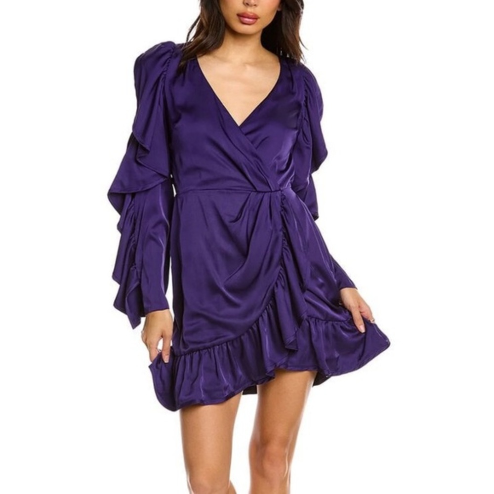 AMUR Women's Purple Ruffle Detail Mini Dress Size 8 Short Sleeve V-Neck Elegant